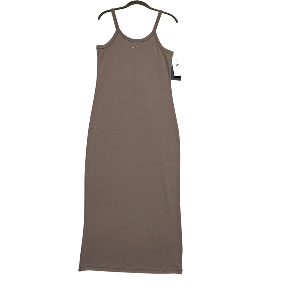 Nike Chill Knit Mini Rib Tank Maxi Dress Women Large Brown Tight Fit HJ0710-233